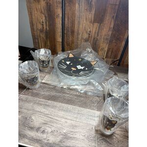 Pottery Barn Kids Black Cat Plate and Cup Set 4 Plates 4 Glasses new